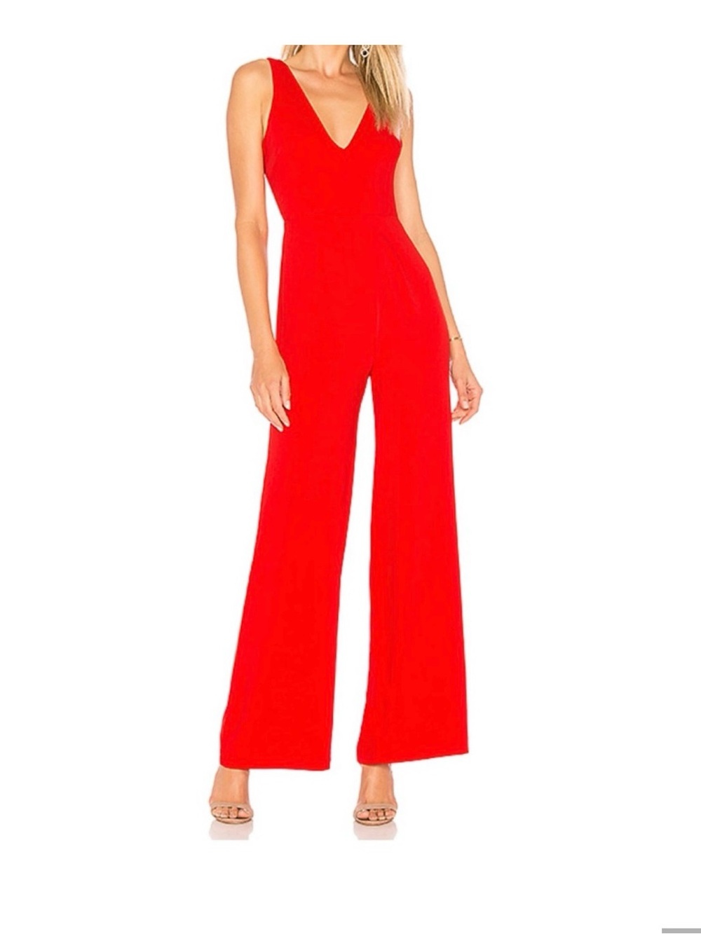 Sleeveless V-Neck Wide-Leg Jumpsuit - Red